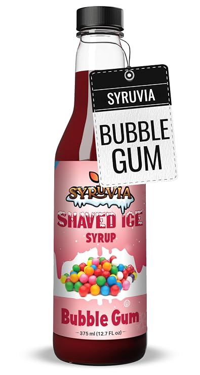 Syruvia Snow Cone Syrup 12.7oz - Bubble Gum Syrup For Shaved Ice, Snow Cones, Slushies, Italian Soda, Popsicles. Kosher, Dairy-Free.