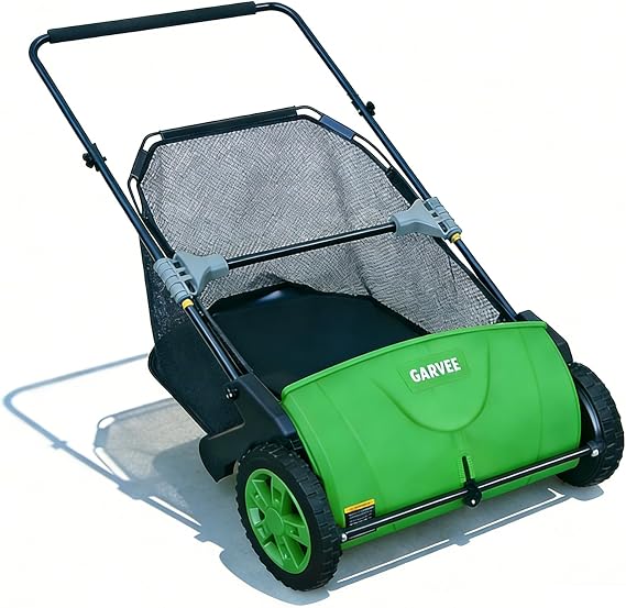 Garvee Push Lawn Sweeper 21-Inch Manual, Leaf Sweeper for Yard & Lawn with 3.5 Cu. Ft. Hopper Bag, Height-Adjustable Brushes for Driveways & Grass, Space-Saving Foldable Design