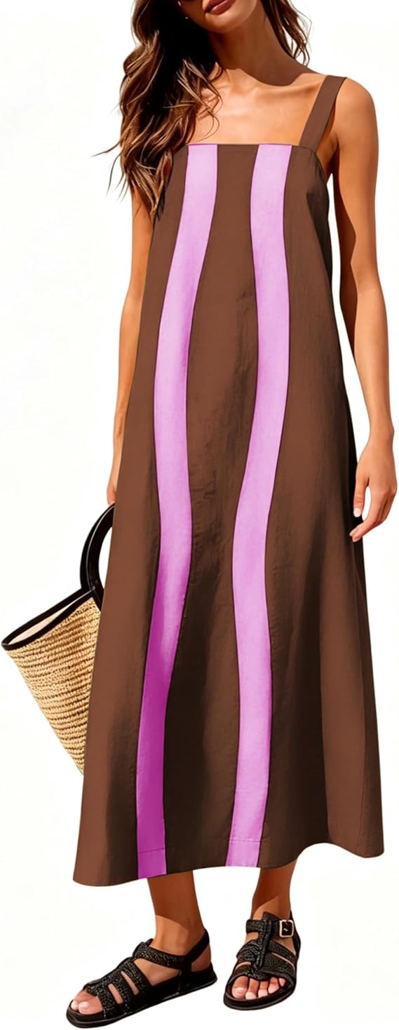 Yidarer Women's Color Block Boho Midi Dress with Pockets