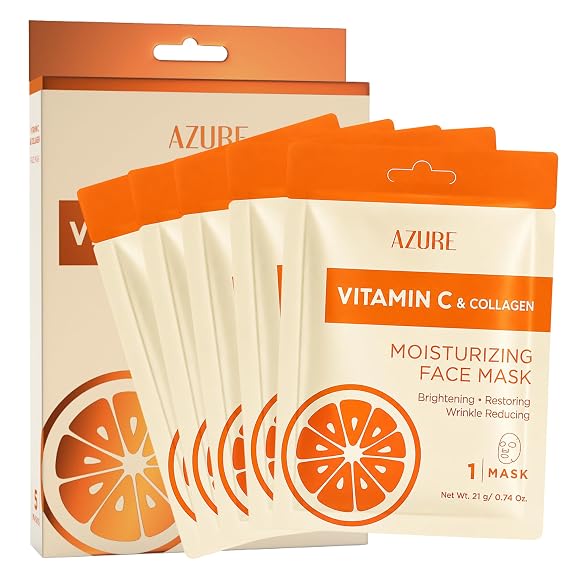 Vitamin C & Collagen Korean Sheet Masks, Dermatologist Tested - 5 Pack