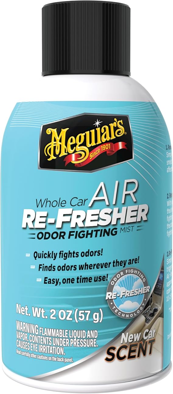 Meguiar's G16402 Whole Car Air Re-Fresher Odor Eliminator Mist, New Car Scent, 2 Fluid Ounces | Whole car odor eliminator mist with new car scent, 2 fl oz aerosol treatment
