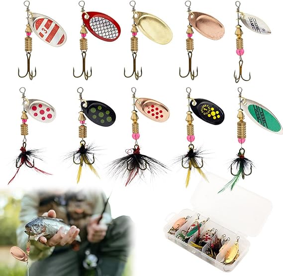 Fishing Spinners 10Pcs Set - Multi Colored Metal Fishing Lures with Rotating Blades & Treble Hooks for Trout Salmon Bass, Ultra Casting 3-7g Spinner Baits in Box