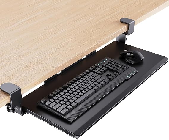 HUANUO Keyboard Tray Under Desk, Keyboard Holder with C-Clamp Hardware, 26.5 W x 11.8 D Slide Out Computer Keyboard & Mouse Tray for Home Office, Black, HNKB12B, Large