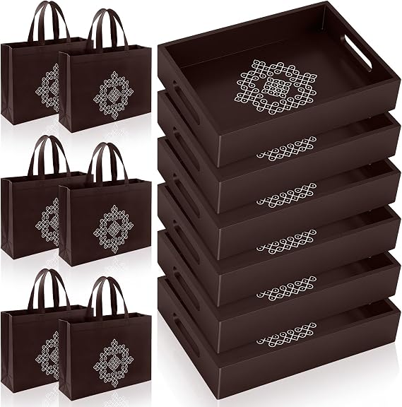 FoldTier 12 Pcs Indian Pooja Return Gift, Kolam Tray, Thamboolam Bag, Brown