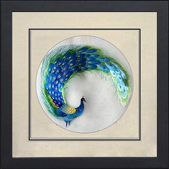 King Silk Art 100% Handmade Embroidery Framed Peacock Feather in a Circlr Oriental Wall Hanging Art Asian Decoration Tapestry Artwork Picture Gifts 32210WF