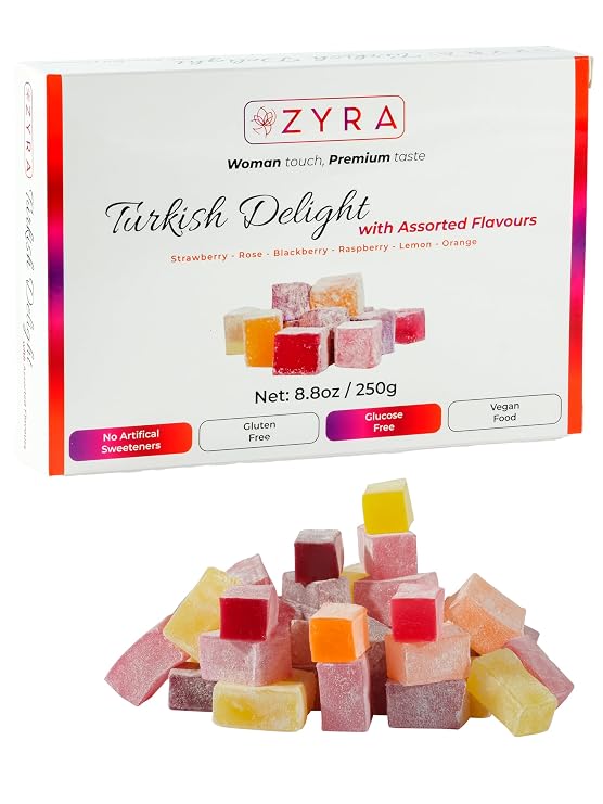 ZYRA Turkish Delight - 8.8oz - Woman Owned Brand - Luxury with Assorted Fruit - Rose, Strawberry, Raspberry, Blackberry, Lemon, Orange - Authentic Premium Lokum Confectionery - Gifts for Everyone