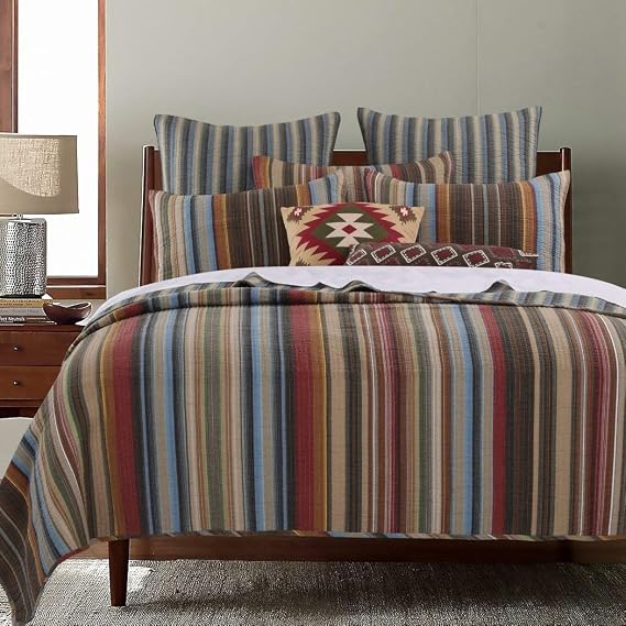 DH 3 Piece Brown Tan Red Stripe Southwest Bedding Full Queen Set, Tribal Native Striped Quilt Vertical Bohemian Indian Blue Country Lodge Cabin Green Gold Western Colors Southwestern, Cotton
