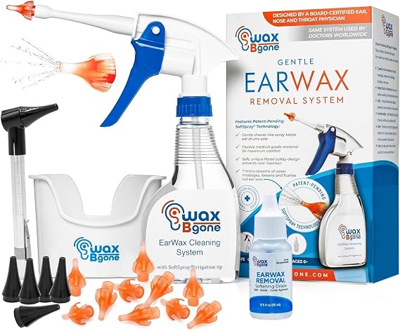 Earwax Removal Kit - Fast, Gentle, and Effective Ear Wax Removal Kit Dissolve and Remove Earwax at Home - Includes Earwax Softening Drops, 10 SoftSpray Reusable Irrigation Tips, Otoscope