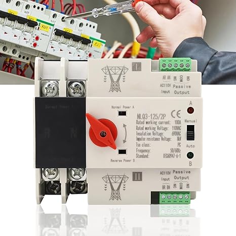 Automatic Transfer Switch, AC110V 100A Power Generator Transfer Switch with 35mm Rail Mounting, 2P ATS 100amp ATS Transfer Changeover Switch, 50HZ/60HZ Din Rail Type for PZ30