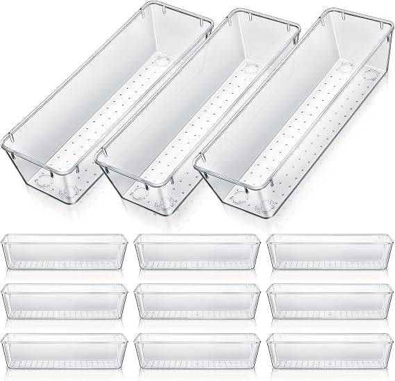 Maitys 12 Pcs Clear Drawer Organizer 9 x 3 x 2 Inches Plastic Rectangle Trays Makeup Vanity Storage Bins and Kitchen Drawers Dividers for Office Desk Silverware Kitchen Utensils(Clear)