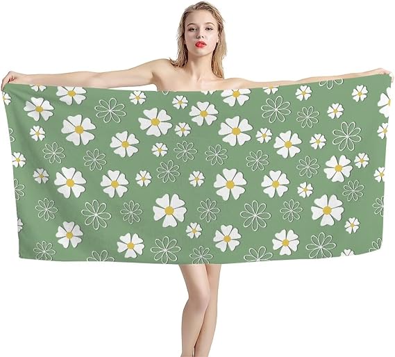 Abstract Daisy Flower Beach Towels Absorbent Soft Comfortable Pool Swim Towels Lightweight Fluffy Bath Towel Yoga Mat, White and Green Towel, 75*150 CM