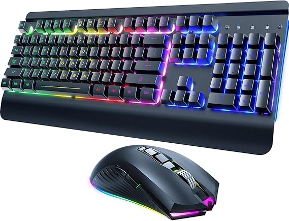 Wireless Gaming Keyboard and Mouse Combo, Metal Panel Light Up 3200DPI Mice