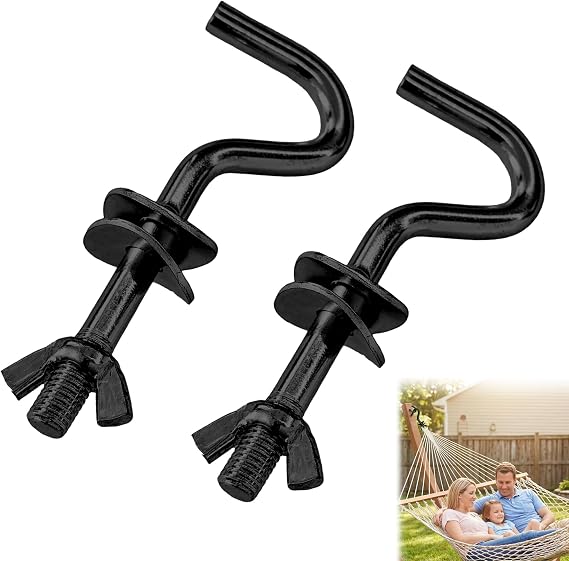 2Pcs Heavy-Duty Hammock Replacement Hooks, 3/8" Diameter, Fits 1-1/4"2" Long Holes Galvanized Zinc No Rust, Indoor/Outdoor, Black