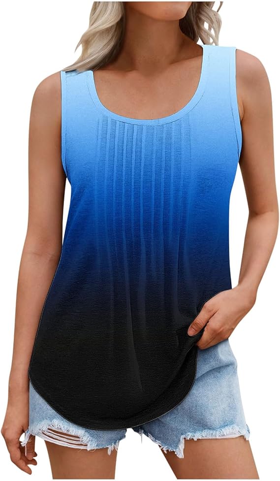 Plus Size Tank Top Womens Sleeveless Tunic Vest Fashion Gradient Color Baggy Casual Round Neck T-Shirt Pullover