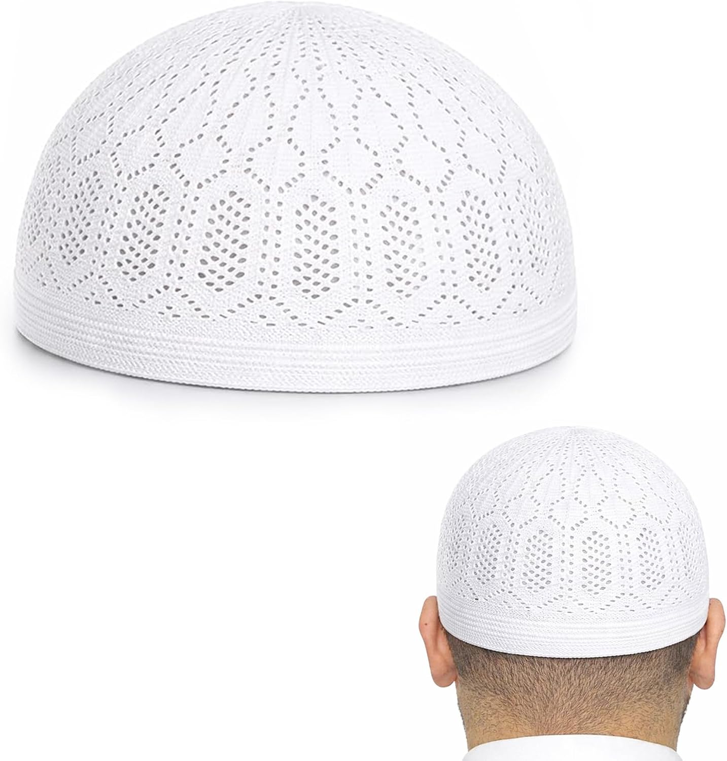 OBD White Muslim Prayer Skull Cap Mens Lightweight Knitted Kufi Hat for Daily Salah Mosque Home Prayer