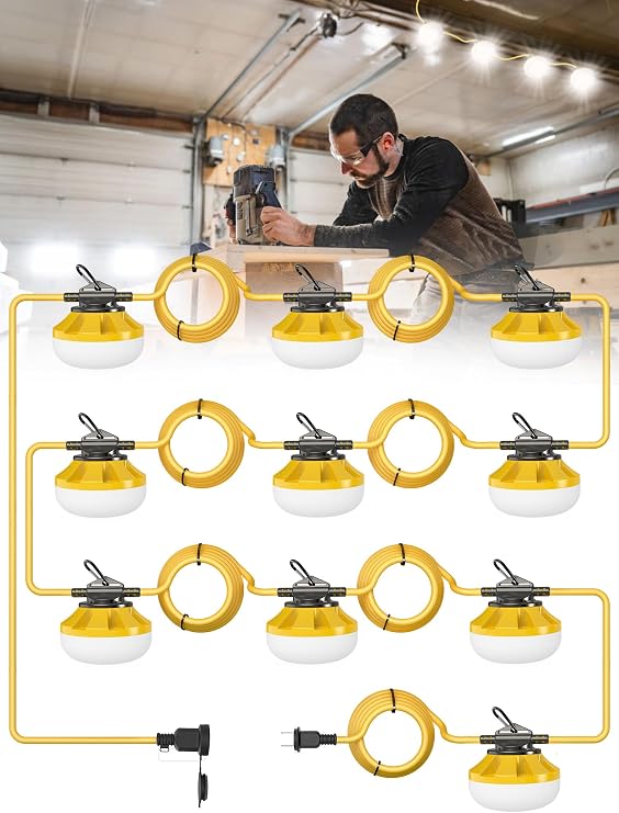 HYPERLITE Construction String Lights: 100FT 10 Bulbs String Work Lights with Climbing Hooks - IP65 Waterproof Linkable LED Construction String Lights for Job Site Attic Renovation Crawlspace Lighting