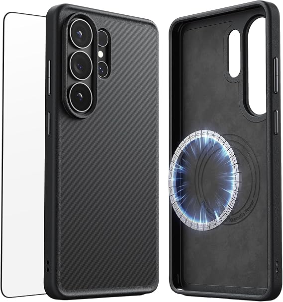 JUESHITUO for Samsung Galaxy S26 Ultra Case, [Mil-Grade Drop Protection] [600D Aramid Fiber] [Fit for MagSafe] [with Screen Protector] Minimalist Carbon Fiber Textures, Sturdy Magnetic Cover Black