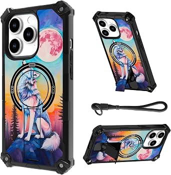 for iPhone 14 Pro Max Case, Heavy Duty Shockproof Bumper Cover, Magnetic Back & Kickstand, Wrist Strap, Rugged Protective Phone Case for iPhone 14 Pro Max, Wolf Moon Serenade