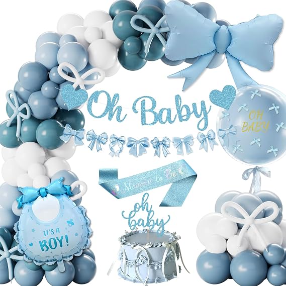 Baby Shower Decorations Boys, Baby Shower Balloons Blue and White, Blue Bow Theme Banner Oh Baby, Bow Balloons, Mommy to Be Sash, Gender Reveal Party Decorations, Welcome Baby Decorations