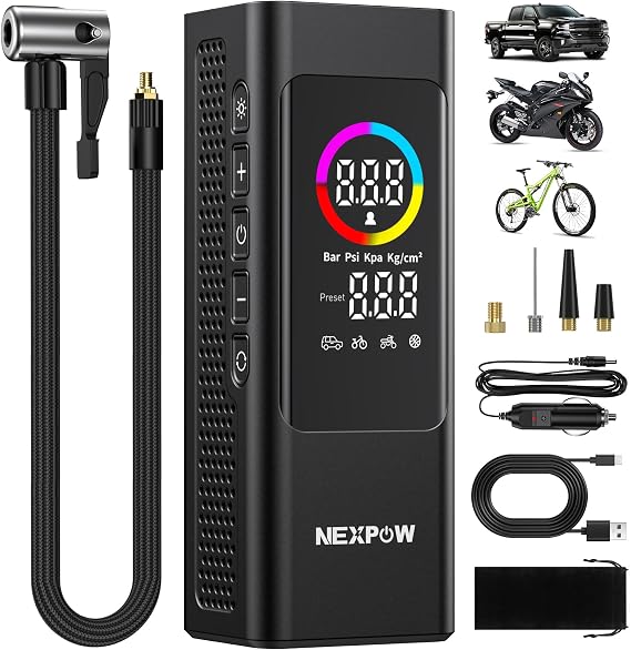 Tire Inflator Portable Air Compressor, NEXPOW 150 PSI Cordless Car Air Pump with Digital Gauge, Rechargeable 7800mAh Battery, LED Light, for Car Tires, Bike, Motorcycle, Ball, Inflatables