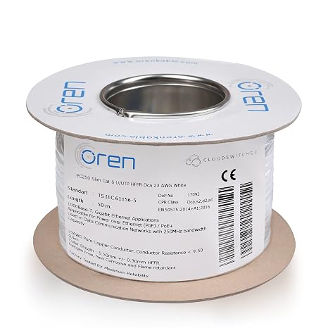 Oren CAT6 50m Ethernet Cable White - Slim - 23 AWG Pure Copper Wire - 250 MHz Bandwidth UTP Internet LAN Network Cable - Halogen Free, Non-Corrosive - Gigabit High Speed Ethernet Cable