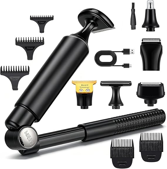 Electric Back Shaver for Men, Upgraded 5 in 1 Body Hair Trimmer Men, Cordless Back Hair Trimmer with Extendable Long Handle, IPX7 Waterproof & LED Screen for Back, Chest, Nose,Pubic Hair Trimmer