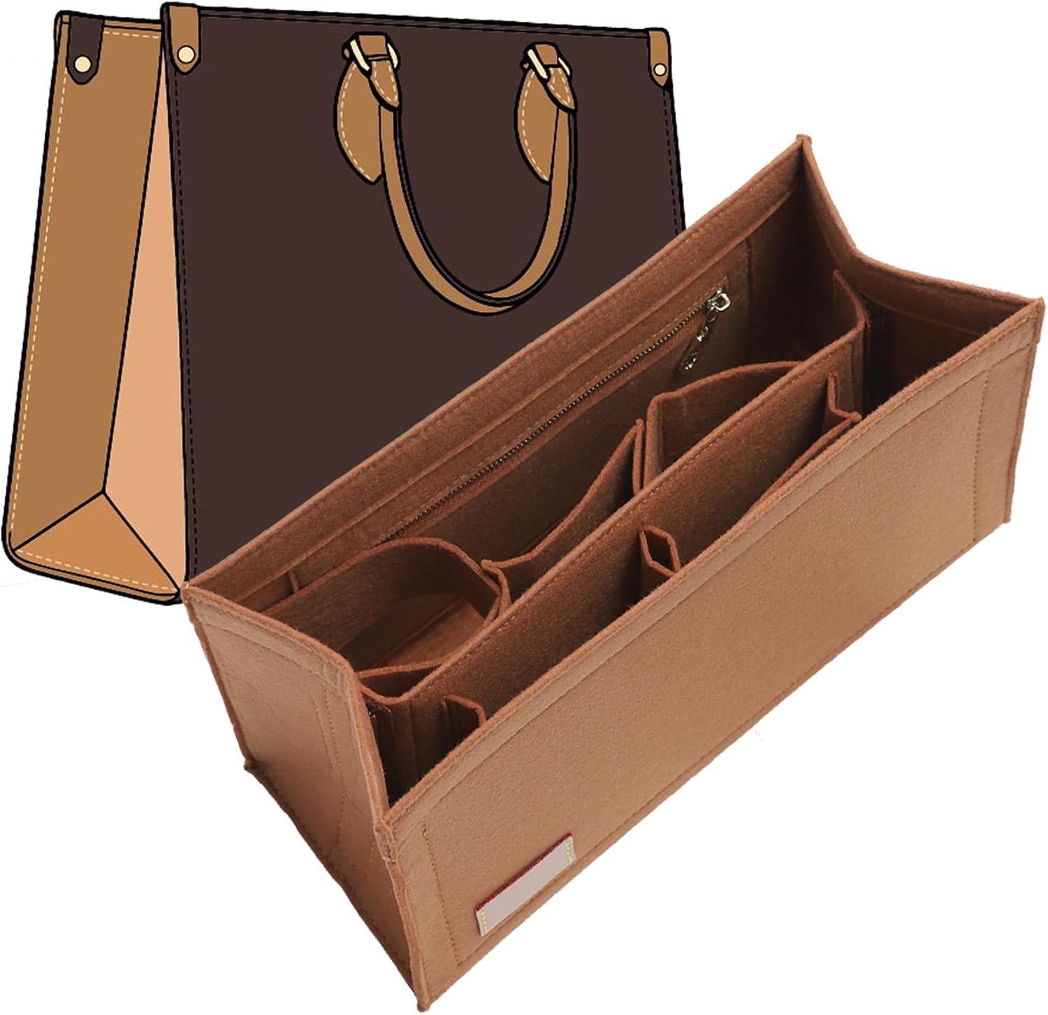 バッグオーガナイザーインサート LV On The Go MMとDior Medium Book Toteなど用 9セクションのカスタマイズ可能なハンドバッグオーガナイザー 安全なファスナー付きポケットウォーターボトルホルダー付き ハンドバッグシェイパープロテクターキャメル