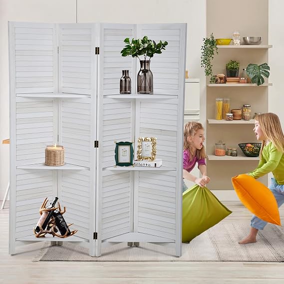 5.7Ft Tall Room Divider Privacy Screen Folding Wood Screen with Three Shelves Portable Partition Screen Dressing Screen for Home Office Beauty Salong, 4 Flexible Panel Foldable Screen, Natural