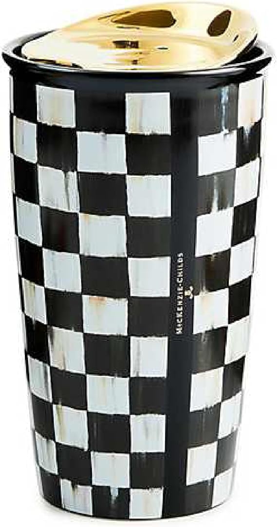 MACKENZIE-CHILDS Ceramic Travel Cup, Black-and-White Courtly Check