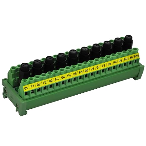 DIN Rail Mount 20 Position Screw Terminal Block Distribution Module with 10 Channel Fuses
