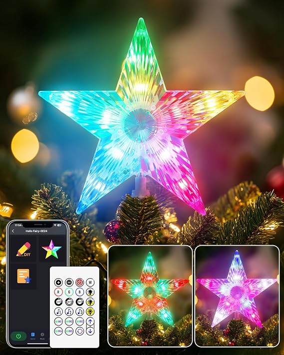 7" Christmas Tree Topper with APP Remote Control, Plug-in Christmas Tree Star Topper for Dynamic RGB DIY Modes, Timer, Music Sync, Light up Tree Star for Xmas Party Holiday Decorations
