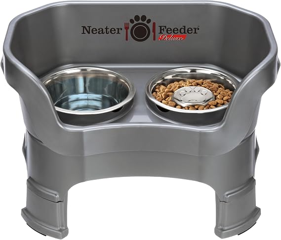 Neater Feeder Deluxe Mess-Proof Elevated Dog Bowls for Medium Dogs (1940 lbs), 2 Height Adjustable (10 & 12.5) No-Spill Raised Dog Bowl Stand w/Slow Feed Bowl for Food, Made in USA, Grey
