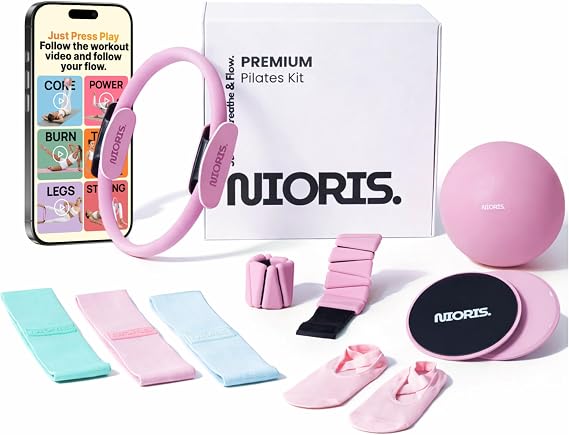 Essential Pilates Equipment Kit Complete Home Workout Set with Pilates Ring, Pilates Ball, Resistance Bands, Ankle Weights, Sliding Discs & Grip Socks Guided Full Body Workout Video