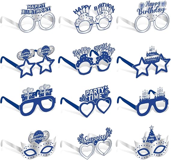 Kuxriox 24Pcs Blue Happy Birthday Eyeglasses Decorations for Men Boys | Blue Silver Happy Birthday Paper Eyeglasses Party Supplies, 16th 18th 21st 30th 40th 50th 60th Birthday Glasses Decor