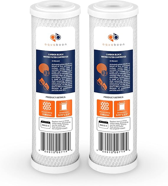 Aquaboon 5 Micron 10 x 2.5 Carbon Block Water Filter Cartridge CTO Whole House Water Filter Replacement Compatible with WHKF-WHWC, FXWTC, 2-PACK