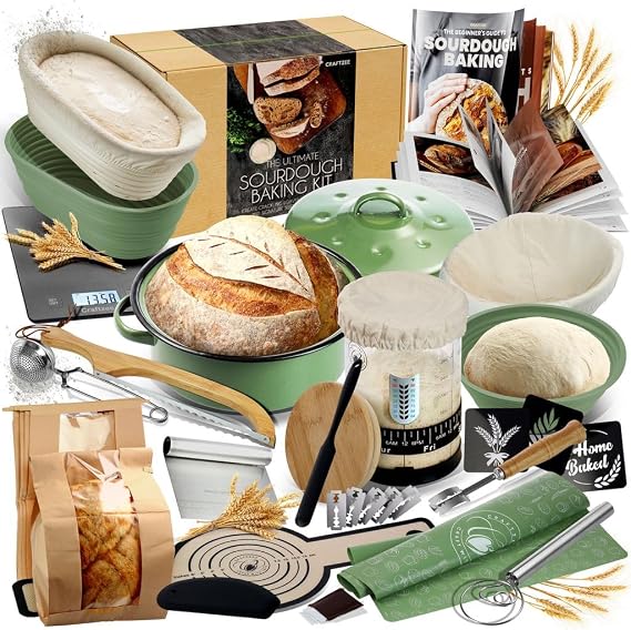 Super All Inclusive Sourdough Starter Kit with Pot, 34oz Starter Jar, 4 Banneton Proof Baskets, Scraper, Scale, Recipe Book, Bread Making Tools and More