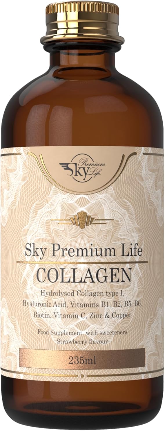 Sky Premium Life Hydrolyzed Liquid Marine Collagen Peptides | Hyaluronic Acid, Essential Vitamins & Minerals | Skin, Hair, Nails, Joints & Muscles | Strawberry Flavour | 8000mg, 235 ml