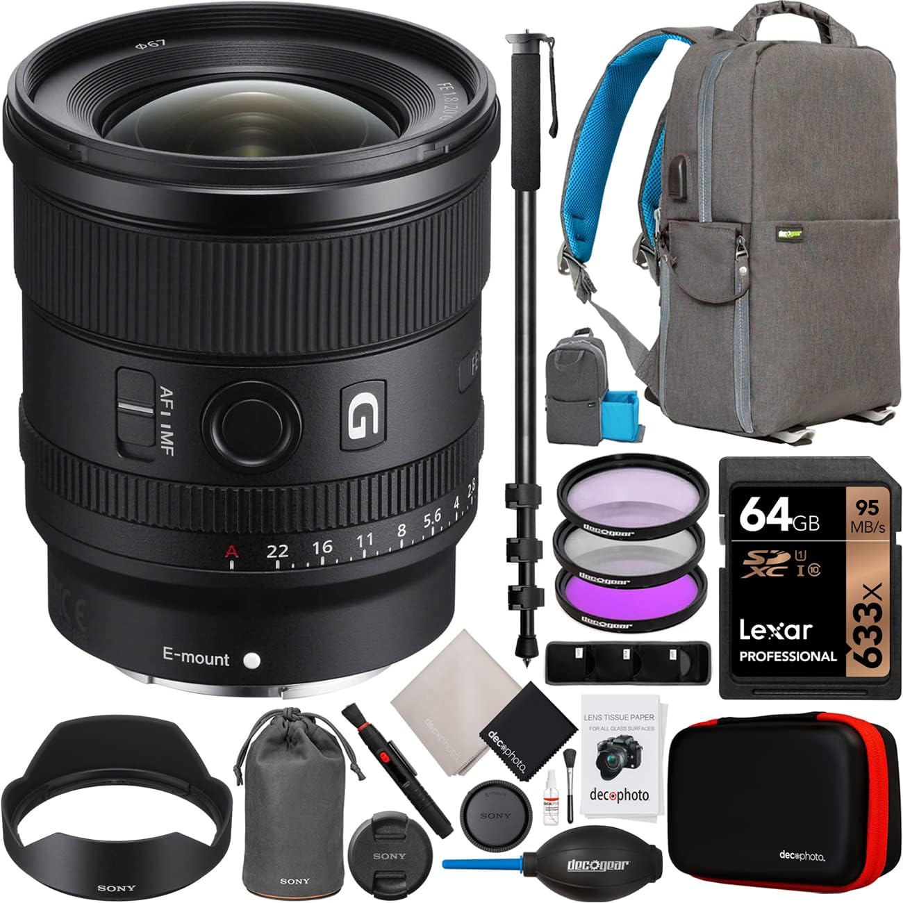 Sony FE 20mm F1.8 G Full Frame Ultra Wide Angle G Lens SEL20F18G for Sony Mirrorless E-Mount Cameras Bundle with Deco Gear Photography Backpack Case  Filter Kit  64GB Card  Monopod  Accessories