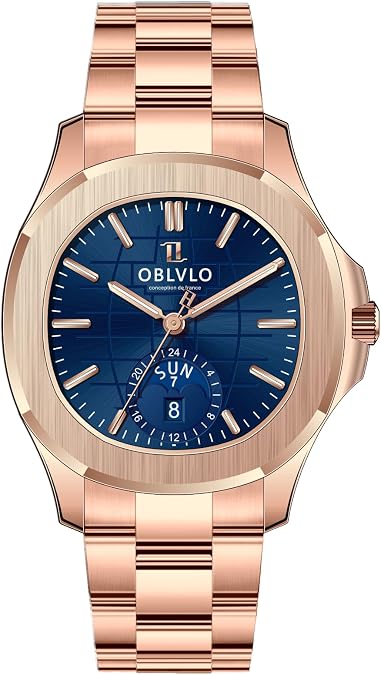 OBLVLO Luxury Watch, Rose Gold Stainless Steel Band, Blue Dial, Day-Date Display
