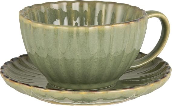 Creative Co-Op 10-Ounce Stoneware Ribbed Mug with Saucer in Reactive Glaze, Sage Green