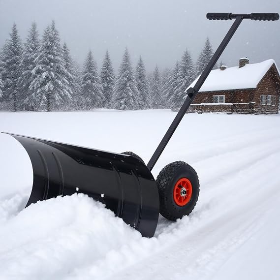 Snow Shovel with Wheels, Heavy Duty Snow Pusher for Driveway & Snow Removal, with Adjustable Angle Height Handle (Black)