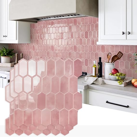 Vamos Tile Thicker Design Long Hexagon Peel and Stick Backsplash Tile | 10-Sheet Pink with Pink Grout Self Adhesive Wall Tiles Stick On Backsplash for Kitchen Bathroom RV Fireplace