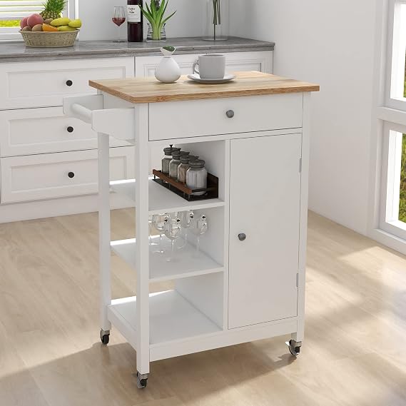 Small Kitchen Island on Wheel with Storage and Rubberwood Countertop, Rolling Kitchen Island Cart with Drawer, Storage Cabinet and 3 Open Shelves, Rolling Trolley Cart with Towel Rack for Kitchen
