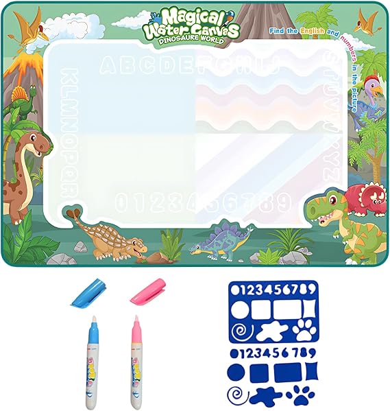 1 PCS Water Doodle Mat with Two Pens and Two Templates, Reusable Aqua Drawing Mat Measuring 44 by 32 cm for Travel and Home Use