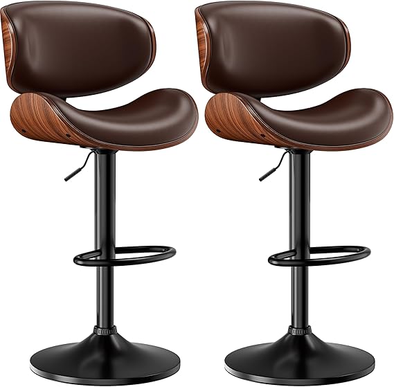 Bar Stools Set of 2, Adjustable Swivel Leather Bar Stools for Kitchen Island, Mid Century Modern Counter Height Bar Chairs Barstools with Back & Footrest (Brown)