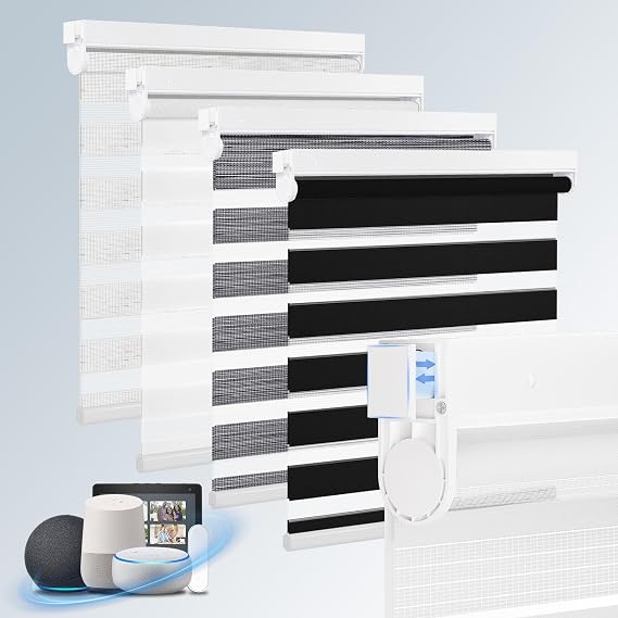 Grandekor Motorized Zebra Blinds with Remote Control,No Drill No Tools Cordless Dual Layer Zebra Blinds for Windows,Electric Zebra Shades Custom Size
