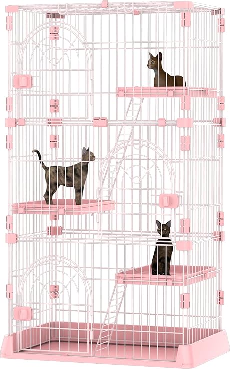 4-Tier Wire Cat Cage Playpen Kennel, 64 Inch Cat Catios Large Space for 1-3 Cats, Pink Cat Crate with 3 Platforms 3 Front Doors 2 Ramp Ladders