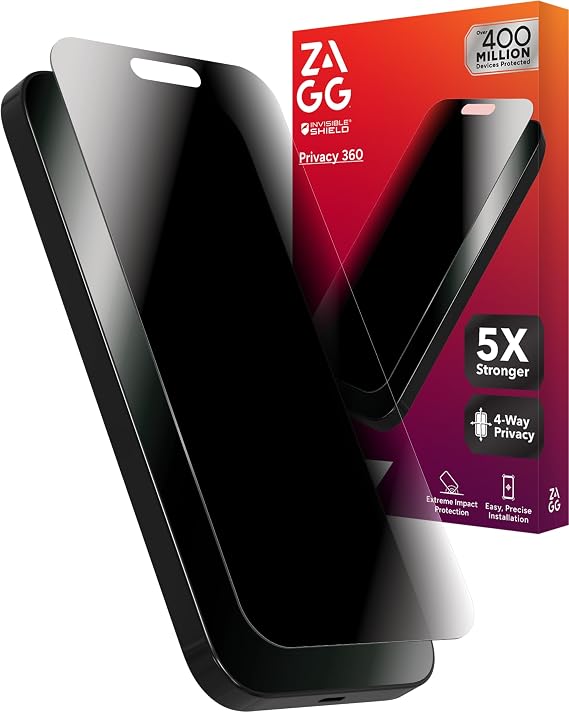 ZAGG Glass Elite Privacy 360 Screen Protector for iPhone 16 Pro 4-Way Privacy, Ultra-Strong Tempered Glass, 5X Stronger, Smudge-Resistant, Easy Install, Recycled Content