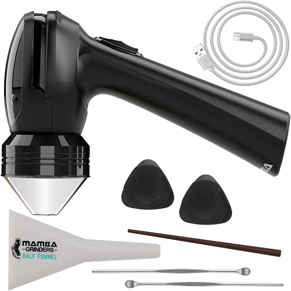 Mamba Grinder Electric Spice Grinders. Easy to Load One-Handed Use 1g USB Rechargeable Mill | Aluminum teeth, one-handed prep, clear cone spout, USB cable, cleaning tools, reverse grinding, portable convenience