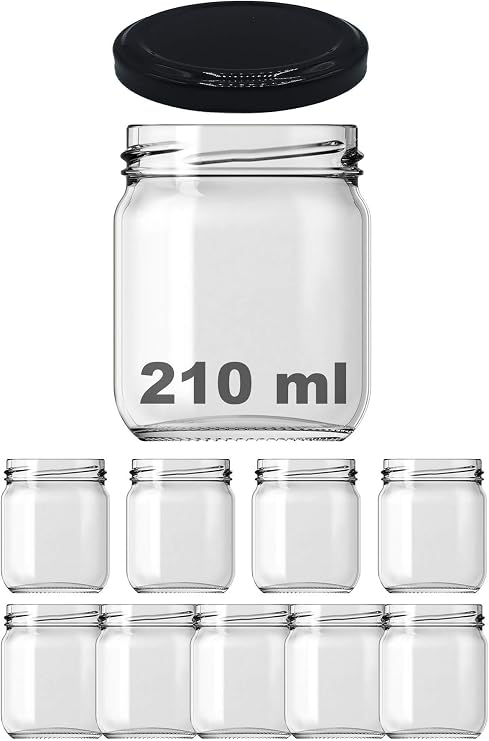 Afracam 210 ml Siyah Metal Kapaklı Şeffaf Cam Kavanoz 9 Adet